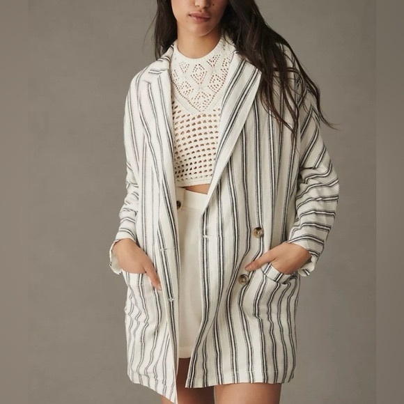 Anthropologie Pilcro White and Blue Striped Blazer Relaxed Fit - Picture 2 of 10